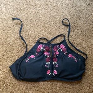Cute target black bathing suit top with red and pink flowers, size large.
